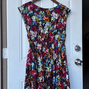 Red Multi Floral Cap-Sleeve Midi Dress